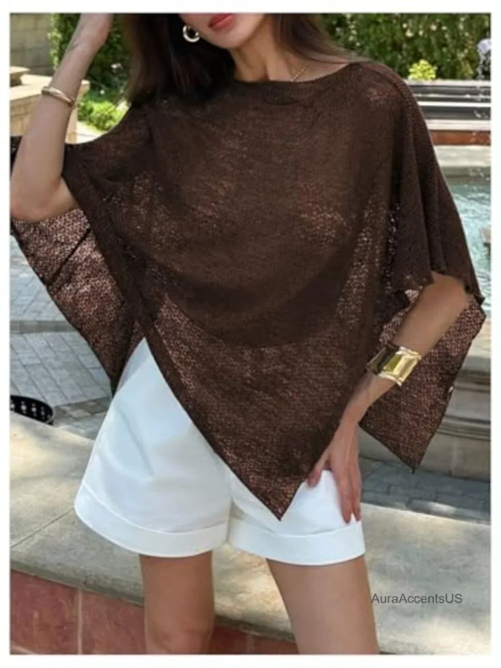 Sheer Knit Poncho Shrug Bolero Cape Top Y2K Hollow Out Lightweight Cover Up